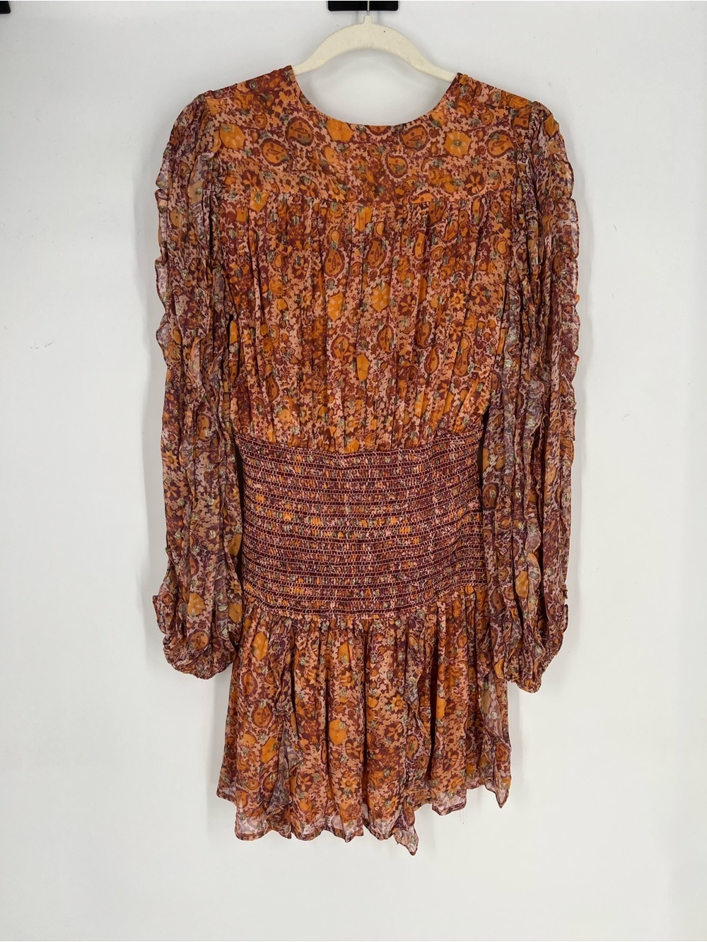 Rococo Sand Rust Gold Paisley V Neck Drop Waist Long Sleeve Chiffon Mini Dress S - Picture 8 of 8